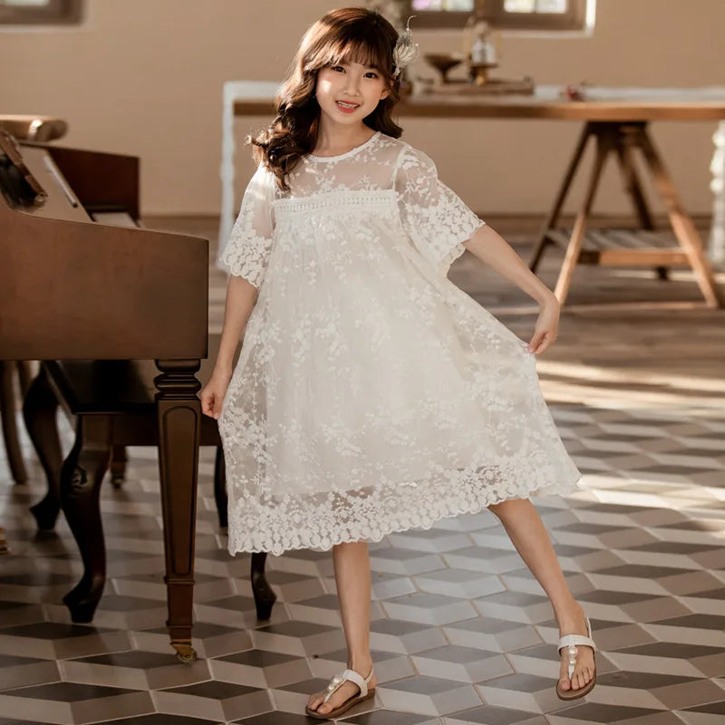Teen Girls White Lace Dress Cute Long & Short Sleeve Princess Wedding Party Dress