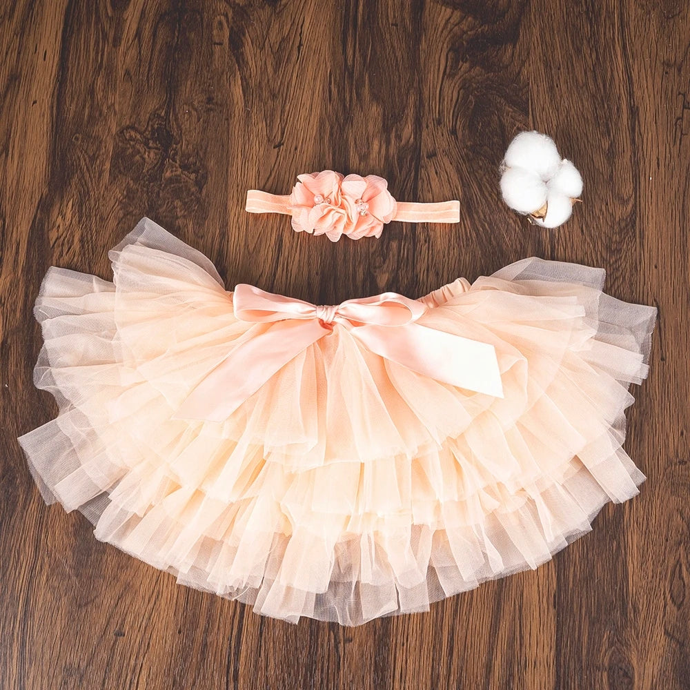 Baby Girls Tulle Tutu Bloomers Infant Newborn Diapers Cover 2pcs Short Skirts+Headband Set