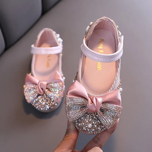 New Children Leather Shoes Rhinestone Bow Princess Girls