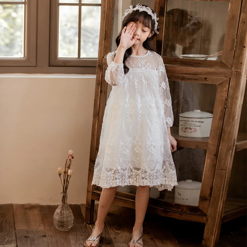 Teen Girls White Lace Dress Cute Long & Short Sleeve Princess Wedding Party Dress