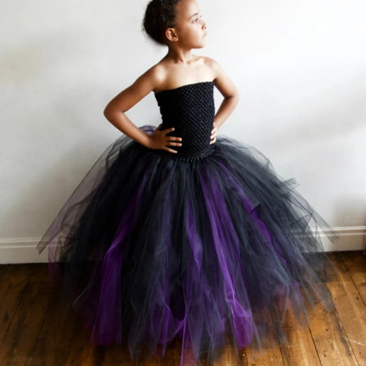 Girls Black Purple Tutu Dress Kids Crochet Corset Tulle Dress Long Ball Gown