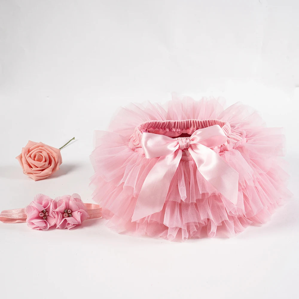 Baby Girls Tulle Tutu Bloomers Infant Newborn Diapers Cover 2pcs Short Skirts+Headband Set
