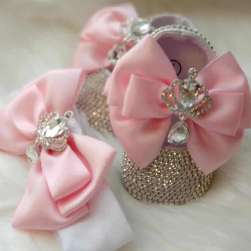 Dollbling Baroque Pink Rhinestones Baby Girl Shoes First Walker Headband Set Sparkle Crystals Princess Shoes Baby Shower SH3
