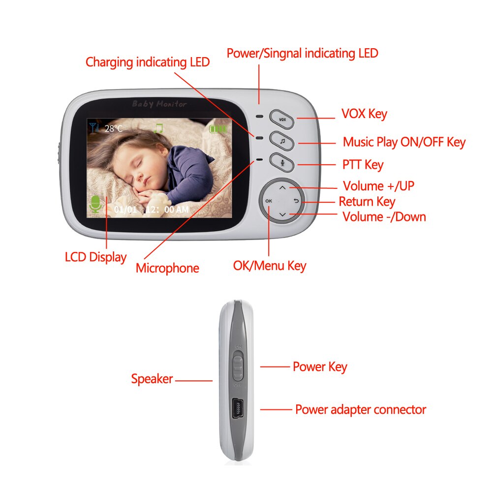 Baby Monitor With Camera 3.2 inch LCD Electronic 2 Way Audio Talk - GuGuTon