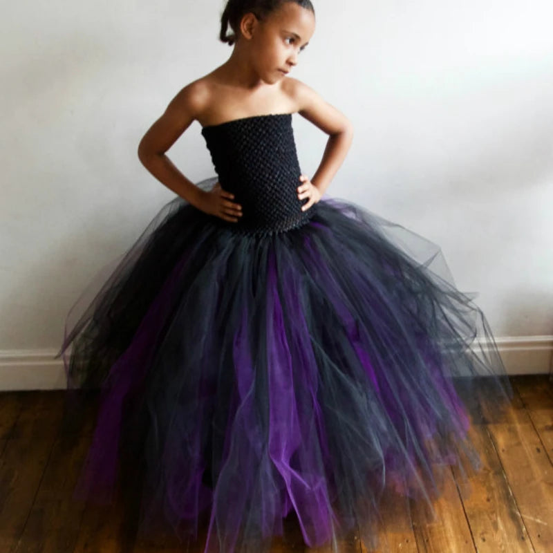 Girls Black Purple Tutu Dress Kids Crochet Corset Tulle Dress Long Ball Gown