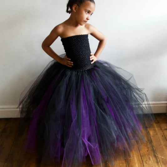 Girls Black Purple Tutu Dress Kids Crochet Corset Tulle Dress Long Ball Gown