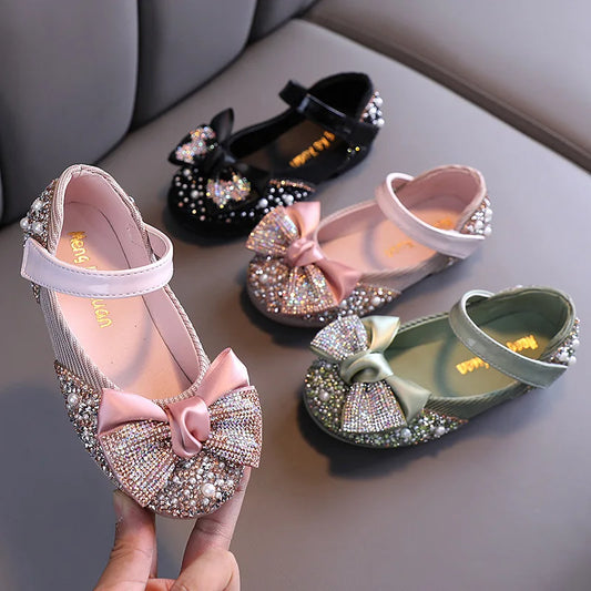 New Children Leather Shoes Rhinestone Bow Princess Girls