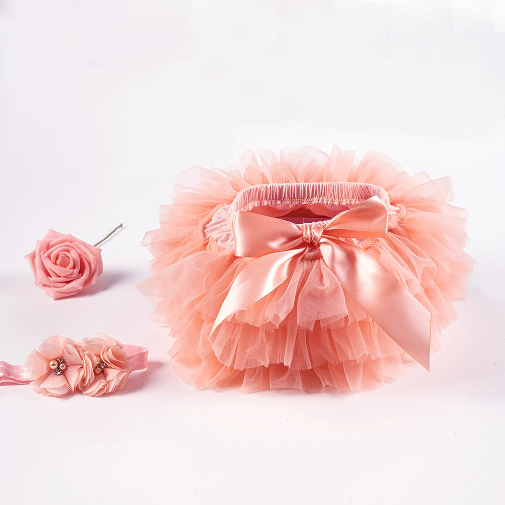 Baby Girls Tulle Tutu Bloomers Infant Newborn Diapers Cover 2pcs Short Skirts+Headband Set