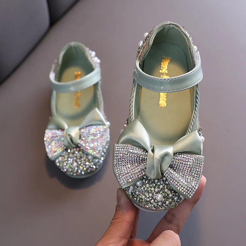 New Children Leather Shoes Rhinestone Bow Princess Girls