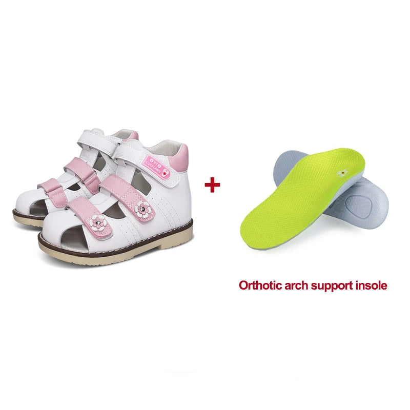 Ortoluckland Children Girl Shoes Princess Orthopedic Pink Sandals For Kids Toddler Flower Leather Footwear With Orthotic Insoles