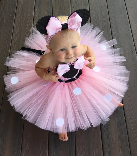 Zuri Pink Cartoon Tutu Dress for Girls with Bow and Headband Set