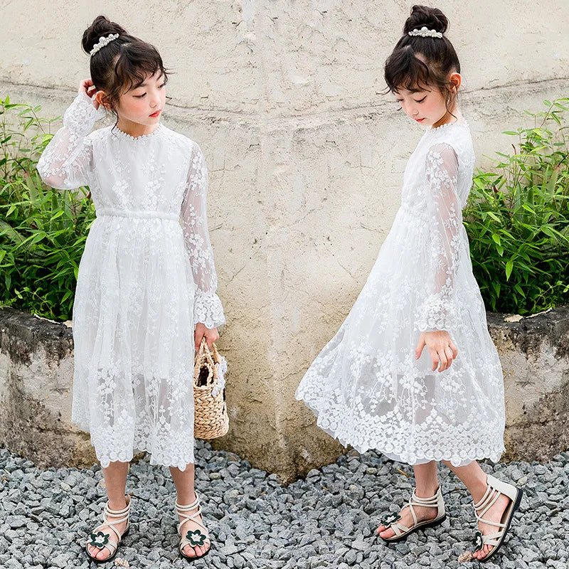 Girls Lace Dress Spring Autumn Long-sleeved Princess 2023 Flower White Dress