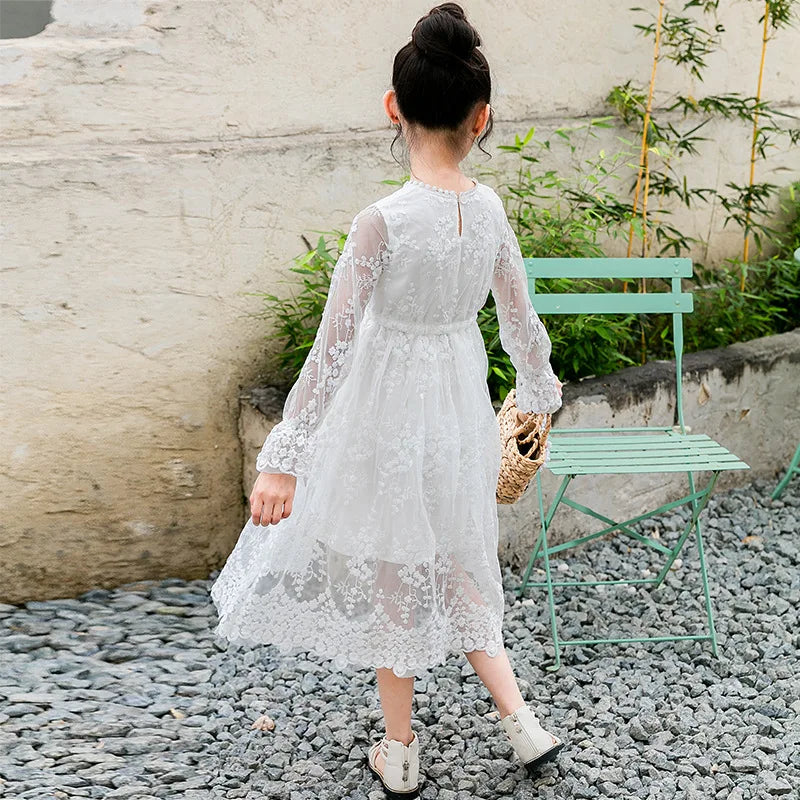 Girls Lace Dress Spring Autumn Long-sleeved Princess 2023 Flower White Dress