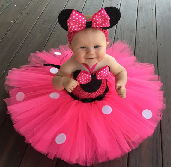 Zuri Pink Cartoon Tutu Dress for Girls with Bow and Headband Set