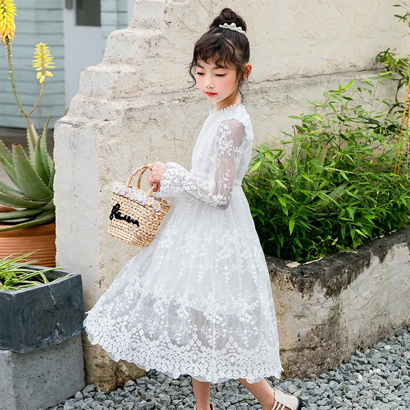 Girls Lace Dress Spring Autumn Long-sleeved Princess 2023 Flower White Dress