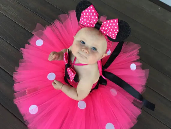 Zuri Pink Cartoon Tutu Dress for Girls with Bow and Headband Set