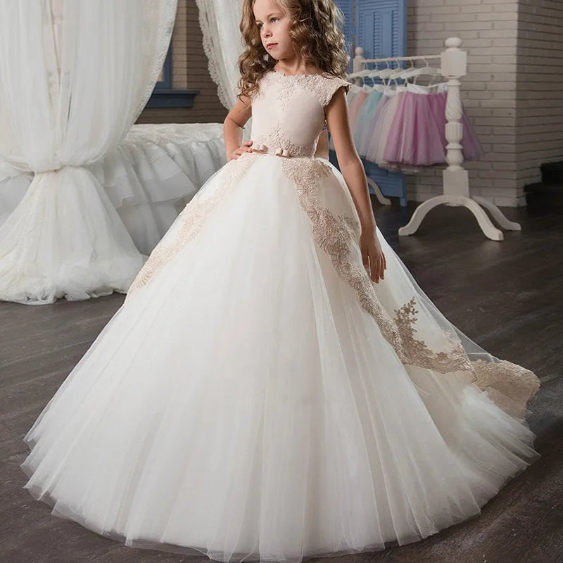 Kids Party Dress For Girls Wedding Bridesmaid Gown Lace Flower
