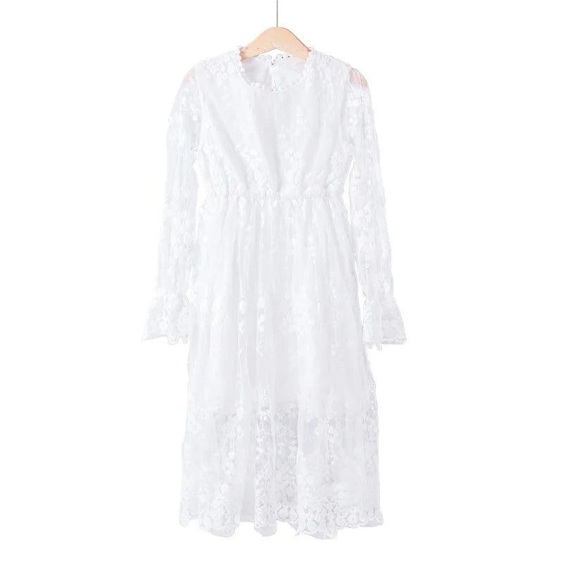 Girls Lace Dress Spring Autumn Long-sleeved Princess 2023 Flower White Dress