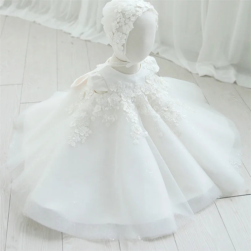 1st Birthday Baby Girl Dress White Lace Princess Wedding Party Dresses For Girl Tulle Flower Baby Baptism Christening Ball Gowns