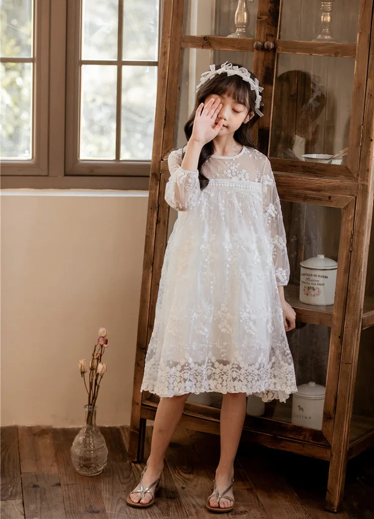 Teen Girls White Lace Dress Cute Long & Short Sleeve Princess Wedding Party Dress