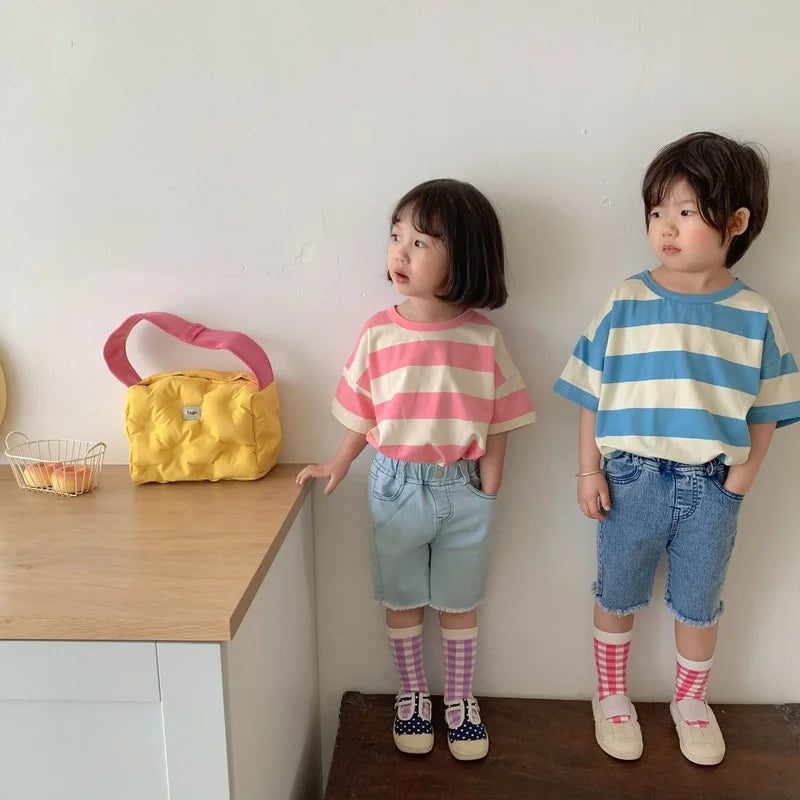 Madison Children korean style summer striped sleeve Tees boys and girls