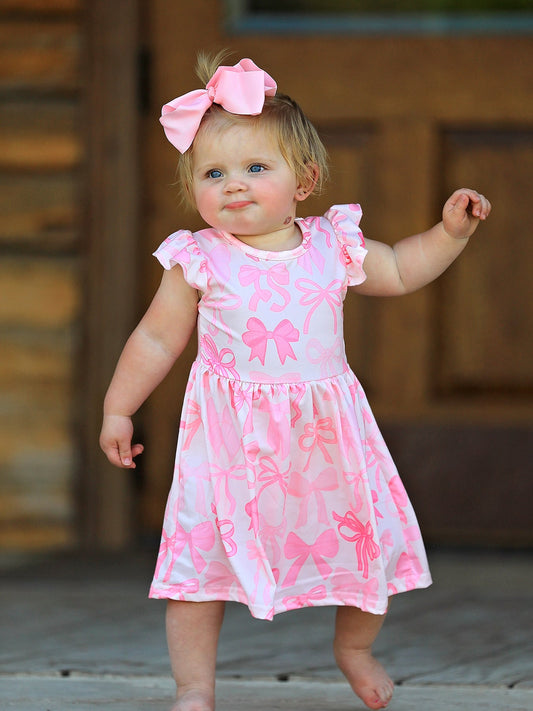 Kimmie Bow Print Flying Sleeve Girls Dress