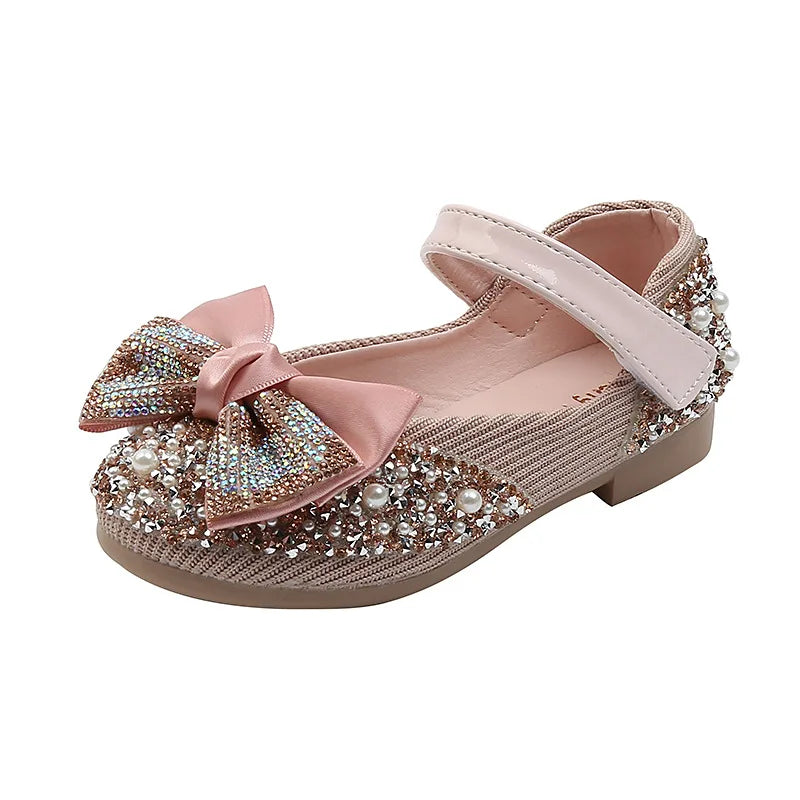 New Children Leather Shoes Rhinestone Bow Princess Girls