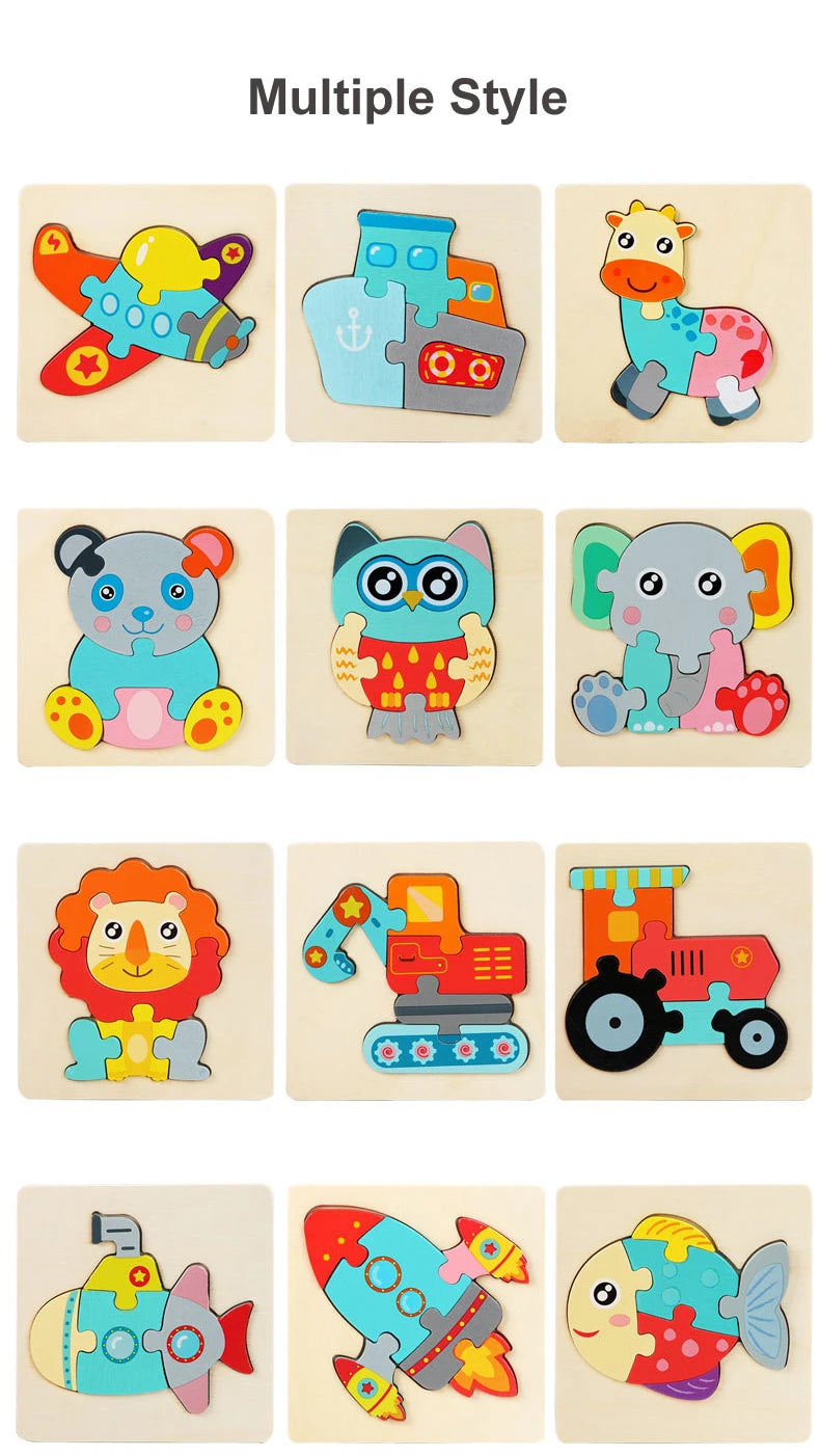 Kids Wooden Toys 3D Wood Puzzle Cartoon Animals Cognitive Jigsaw Puzzle