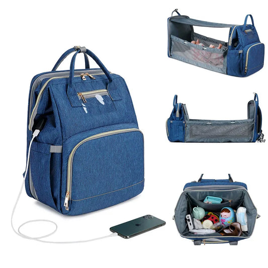 USB Diaper Bags Backpack Foldable Sunscreen Baby Bed Crib Bag