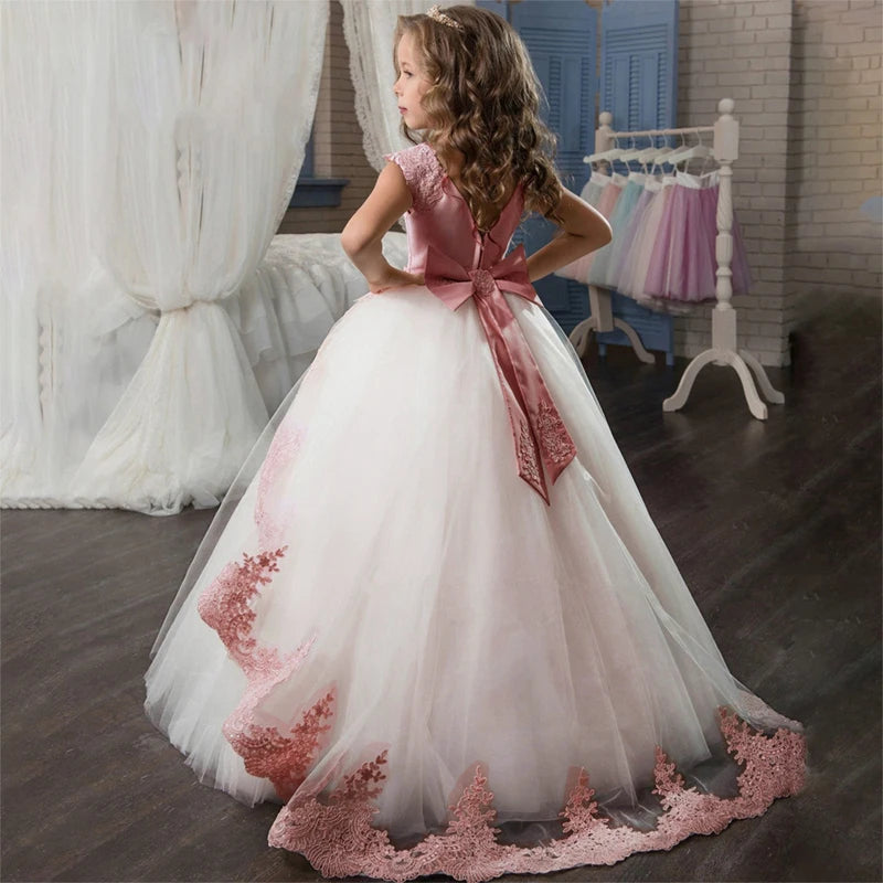 Kids Party Dress For Girls Wedding Bridesmaid Gown Lace Flower