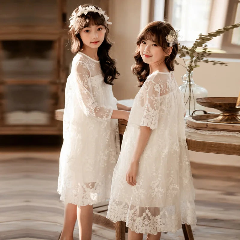 Teen Girls White Lace Dress Cute Long & Short Sleeve Princess Wedding Party Dress