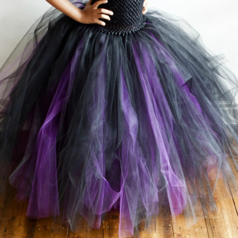 Girls Black Purple Tutu Dress Kids Crochet Corset Tulle Dress Long Ball Gown
