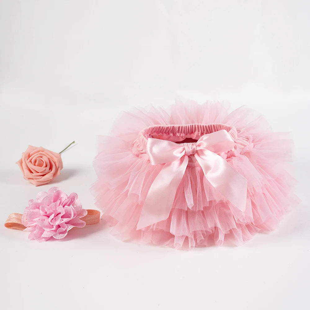 Baby Girls Tulle Tutu Bloomers Infant Newborn Diapers Cover 2pcs Short Skirts+Headband Set