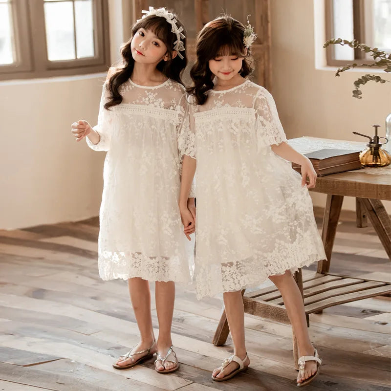 Teen Girls White Lace Dress Cute Long & Short Sleeve Princess Wedding Party Dress