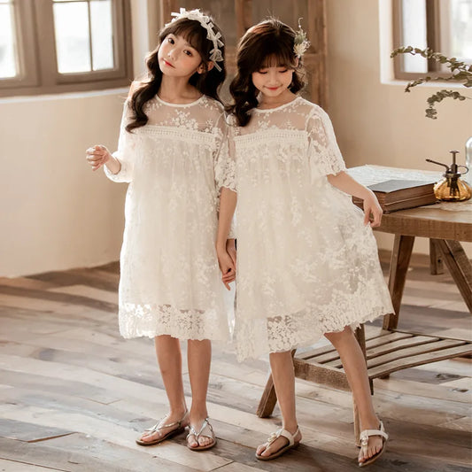 Teen Girls White Lace Dress Cute Long & Short Sleeve Princess Wedding Party Dress