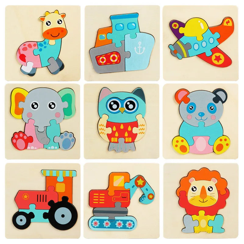 Kids Wooden Toys 3D Wood Puzzle Cartoon Animals Cognitive Jigsaw Puzzle