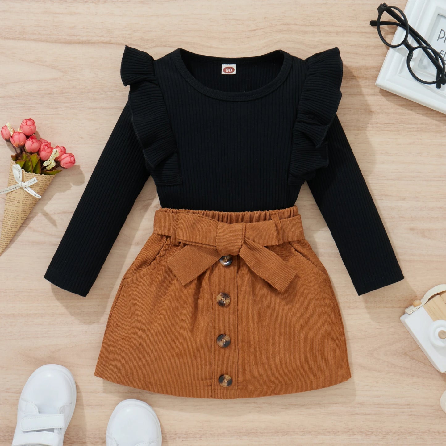 Citgeett Autumn Kids Girls Skirt Set Long Sleeve Tops Elastic Waist
