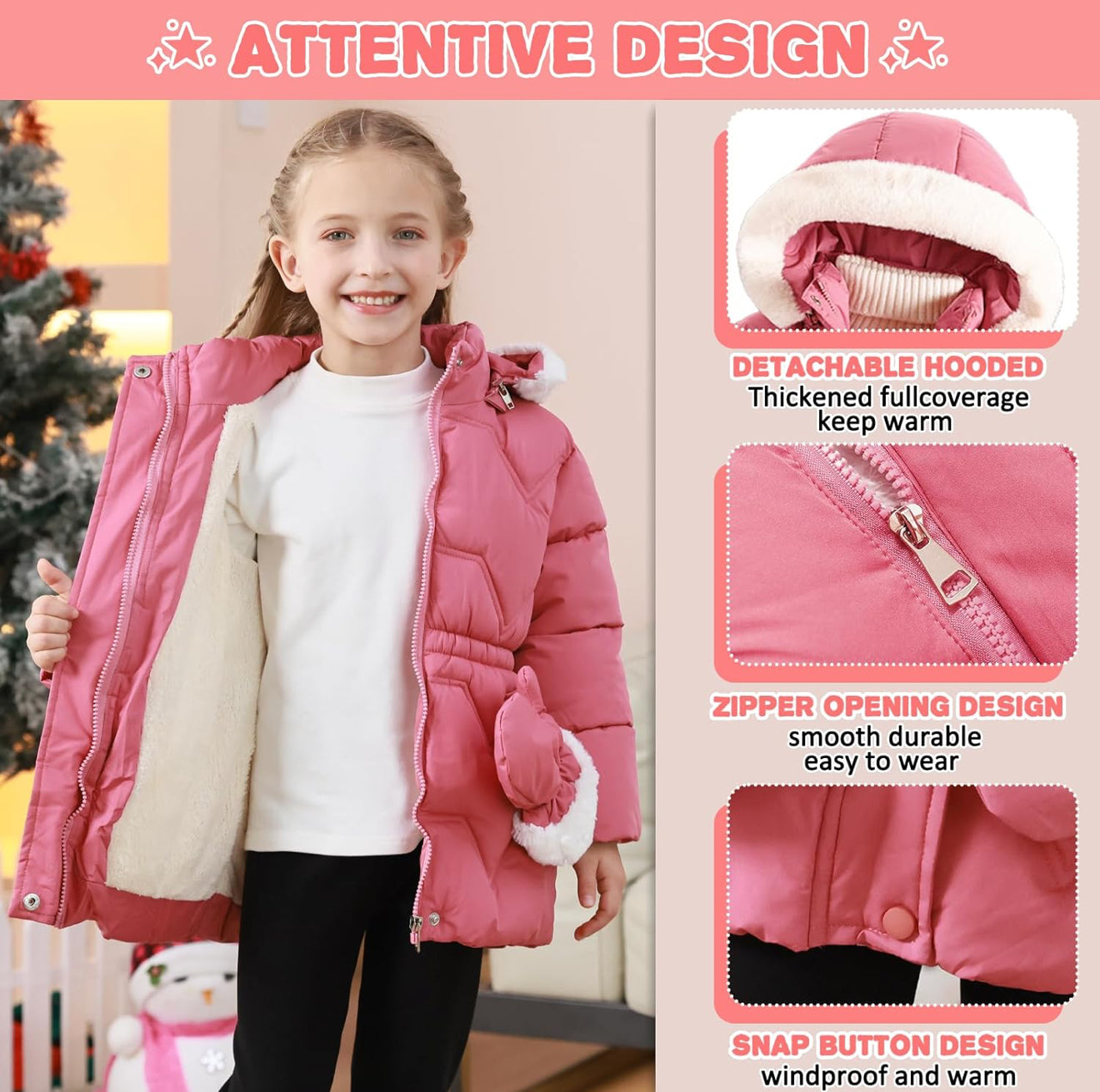 Aura Toddler Girls Winter Puffer Coat - Warm Fur Lined Hooded