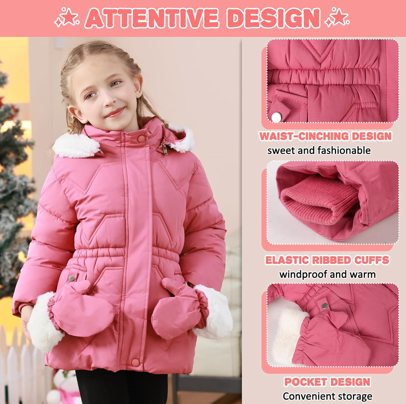 Aura Toddler Girls Winter Puffer Coat - Warm Fur Lined Hooded