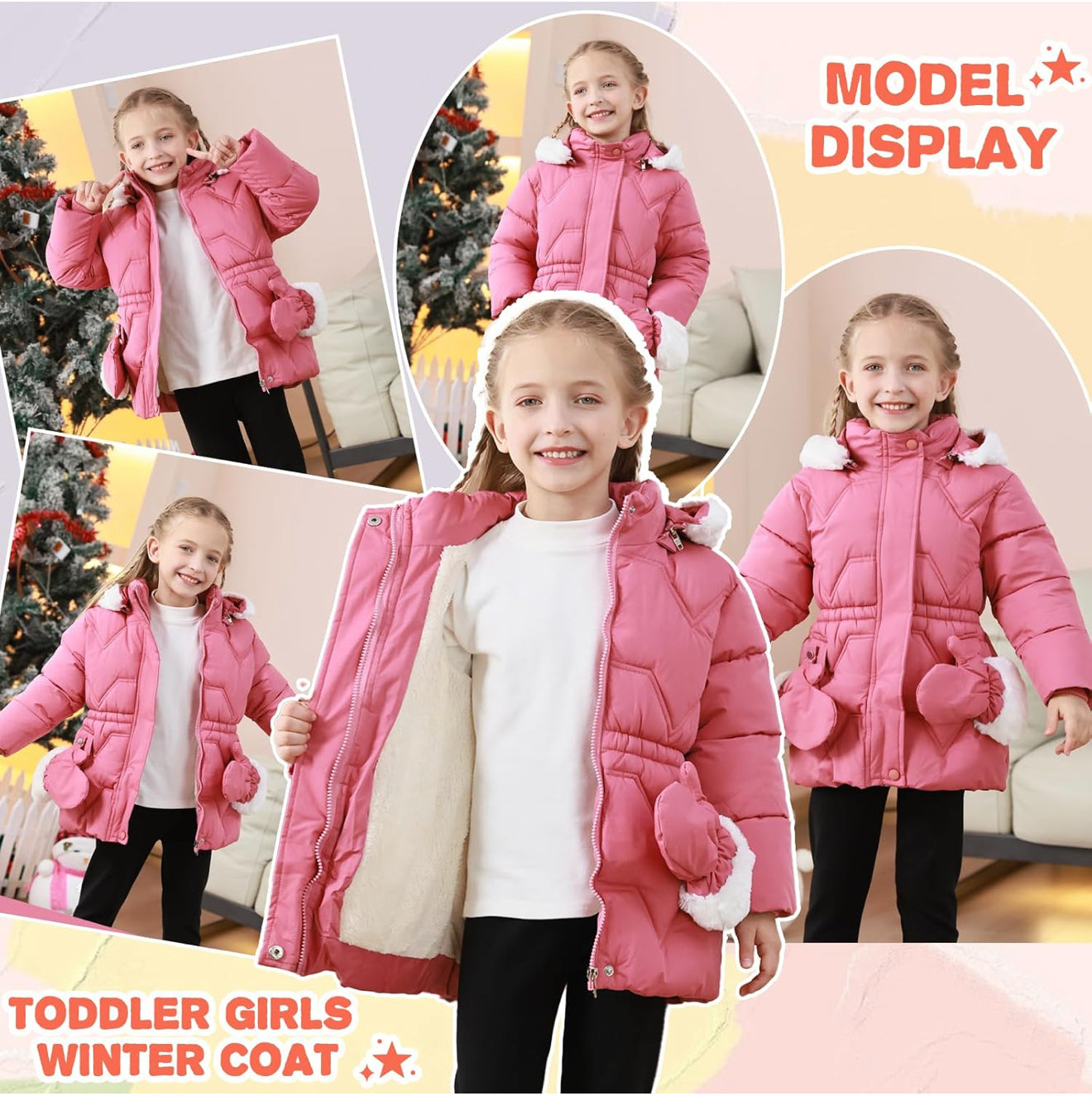 Aura Toddler Girls Winter Puffer Coat - Warm Fur Lined Hooded
