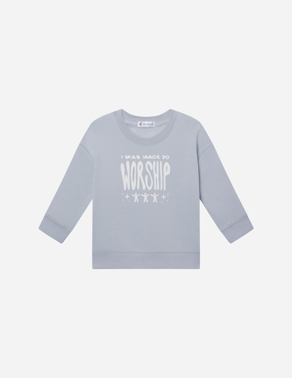 Light blue long-sleeve shirt with 'I was made to worship' text on a white background
