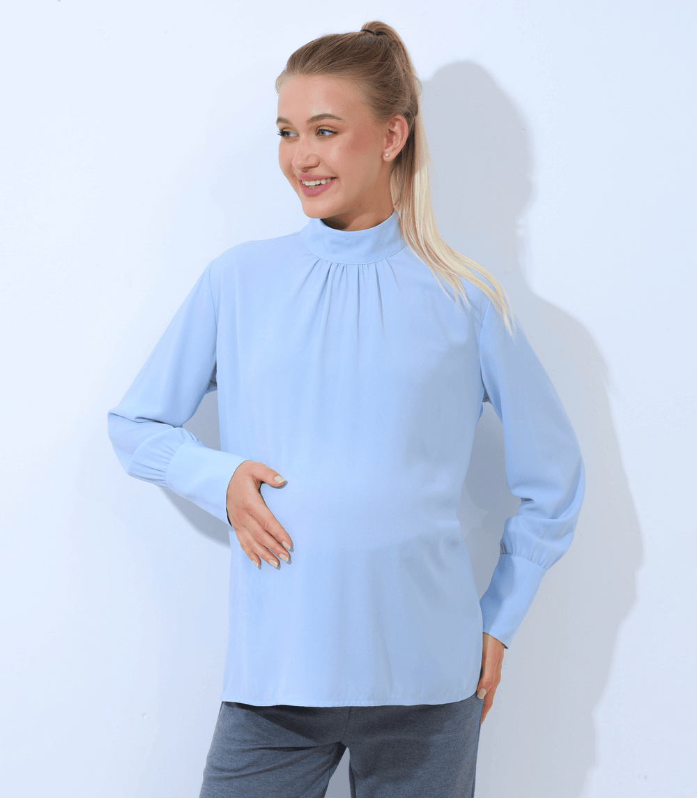 Alexa Sky Blue Long Sleeve Mock Neck Maternity Outfit