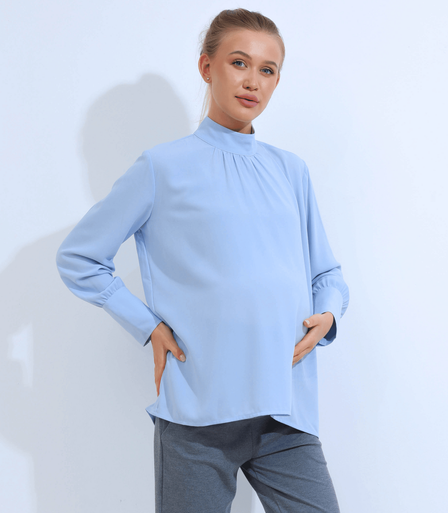 Alexa Sky Blue Long Sleeve Mock Neck Maternity Outfit