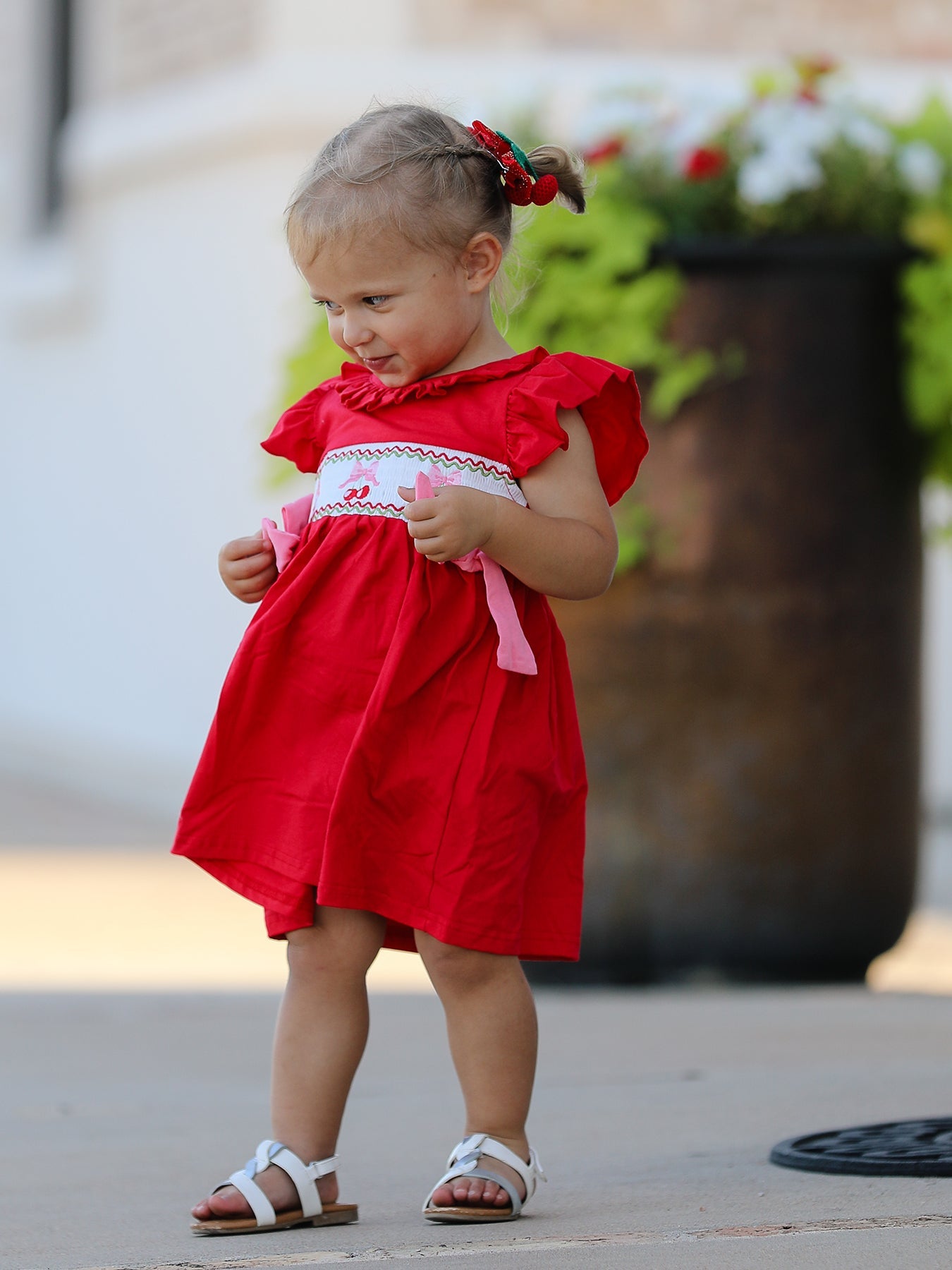 Merry Red Cherry Bow Smocking Embroidery Girls'  Dress