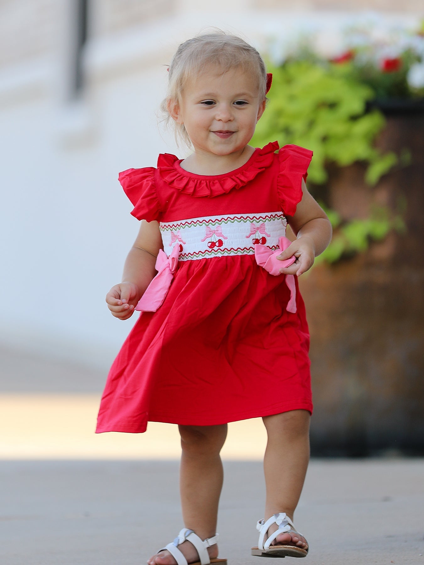 Merry Red Cherry Bow Smocking Embroidery Girls'  Dress