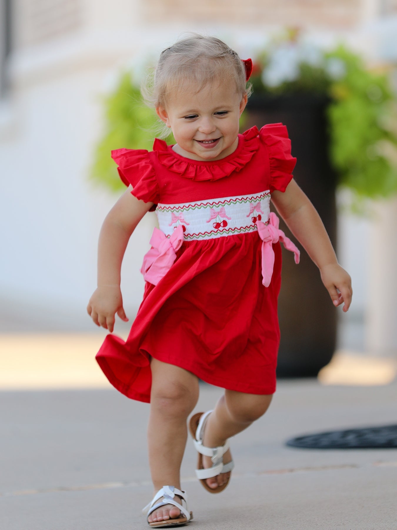 Merry Red Cherry Bow Smocking Embroidery Girls'  Dress