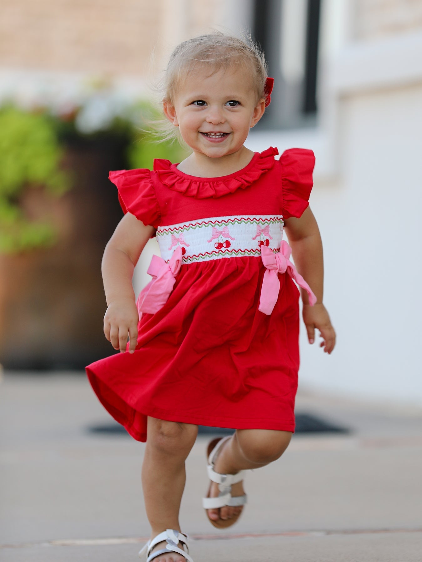 Merry Red Cherry Bow Smocking Embroidery Girls'  Dress