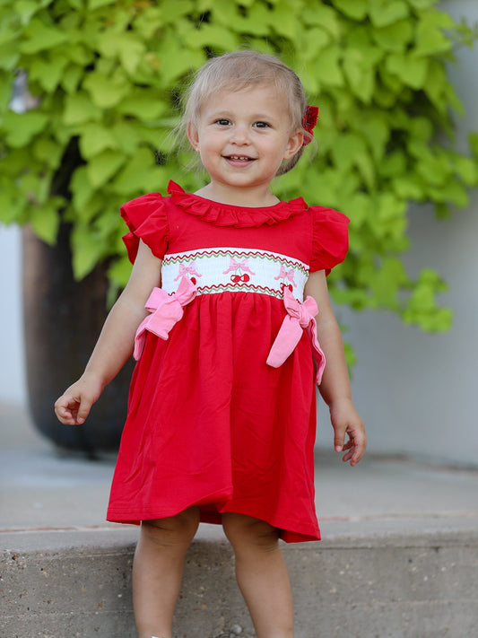 Merry Red Cherry Bow Smocking Embroidery Girls'  Dress