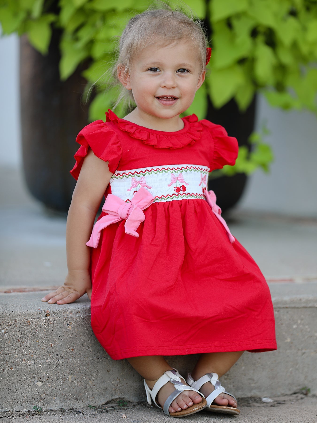 Merry Red Cherry Bow Smocking Embroidery Girls'  Dress