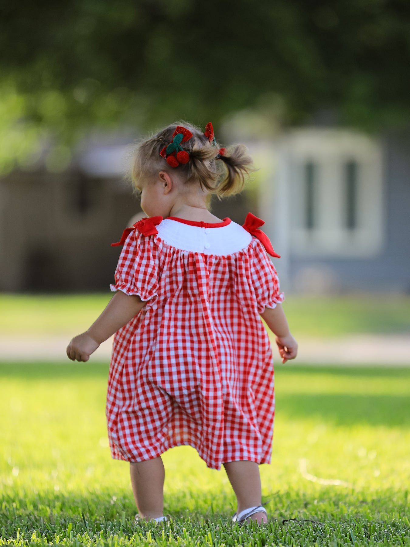 Red Cherry Bow Plaid Smocking Embroidery Girls'  Dress